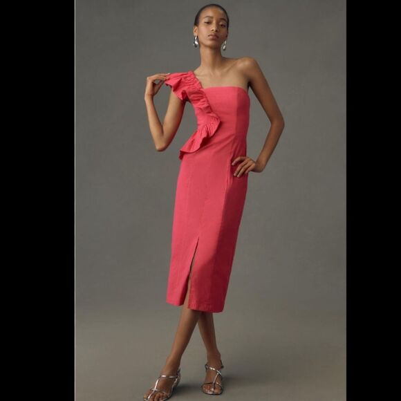 Anthropologie One-Shoulder Ruffle Column Midi Dress - Picture 1 of 3